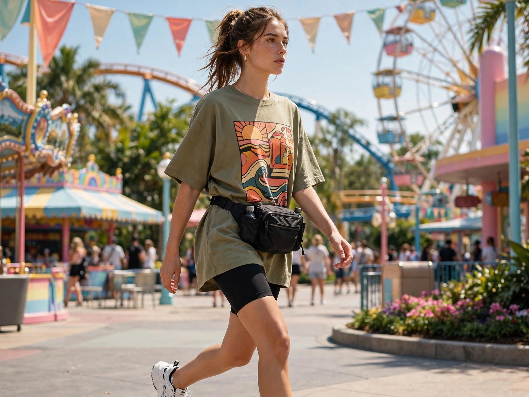 Woman in a theme park outfit with shorts and sneakers riding a roller coaster area