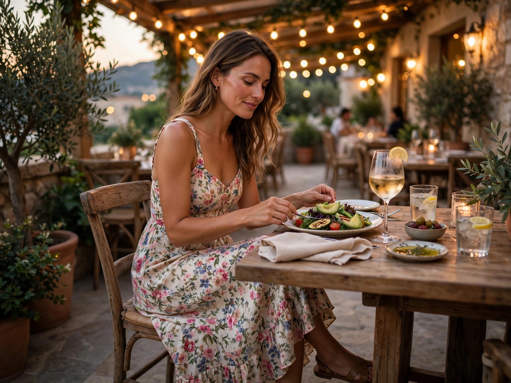 Woman in a casual-chic sundress at an Orlando outdoor restaurant in the evening