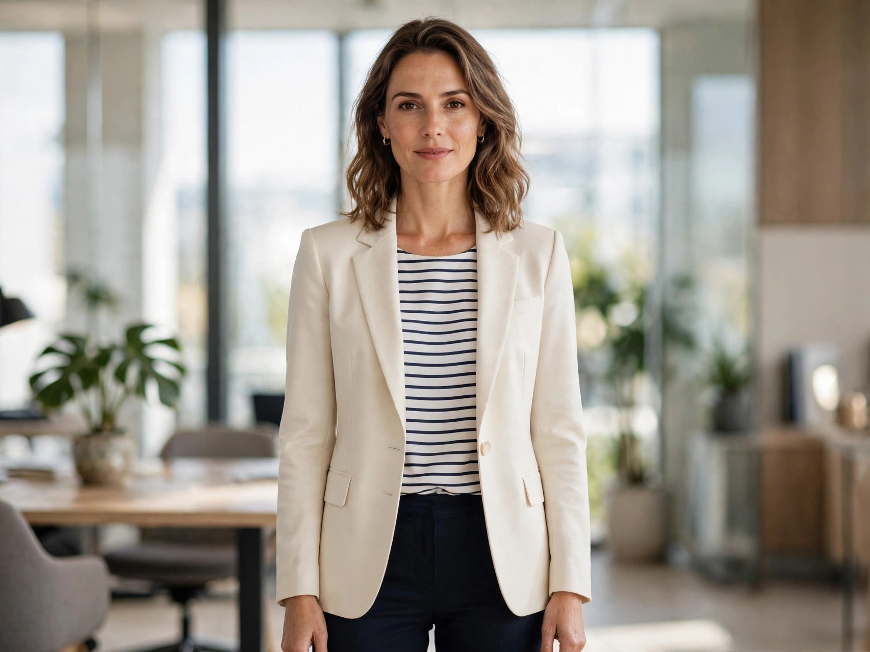 Woman in a stylish business casual outfit with blazer and ankle pants in a modern office