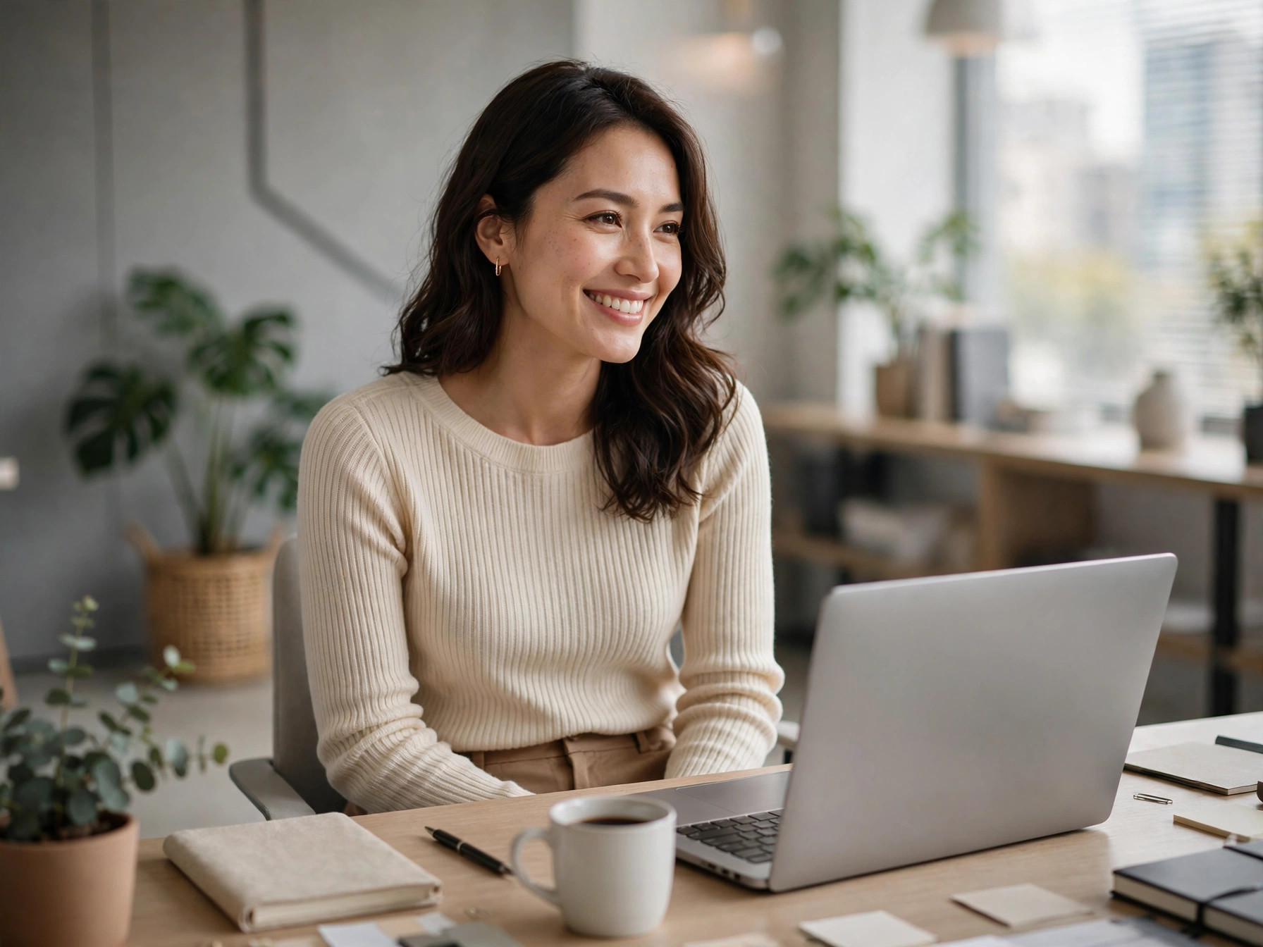 Smiling professional woman in smart business casual attire at her office desk