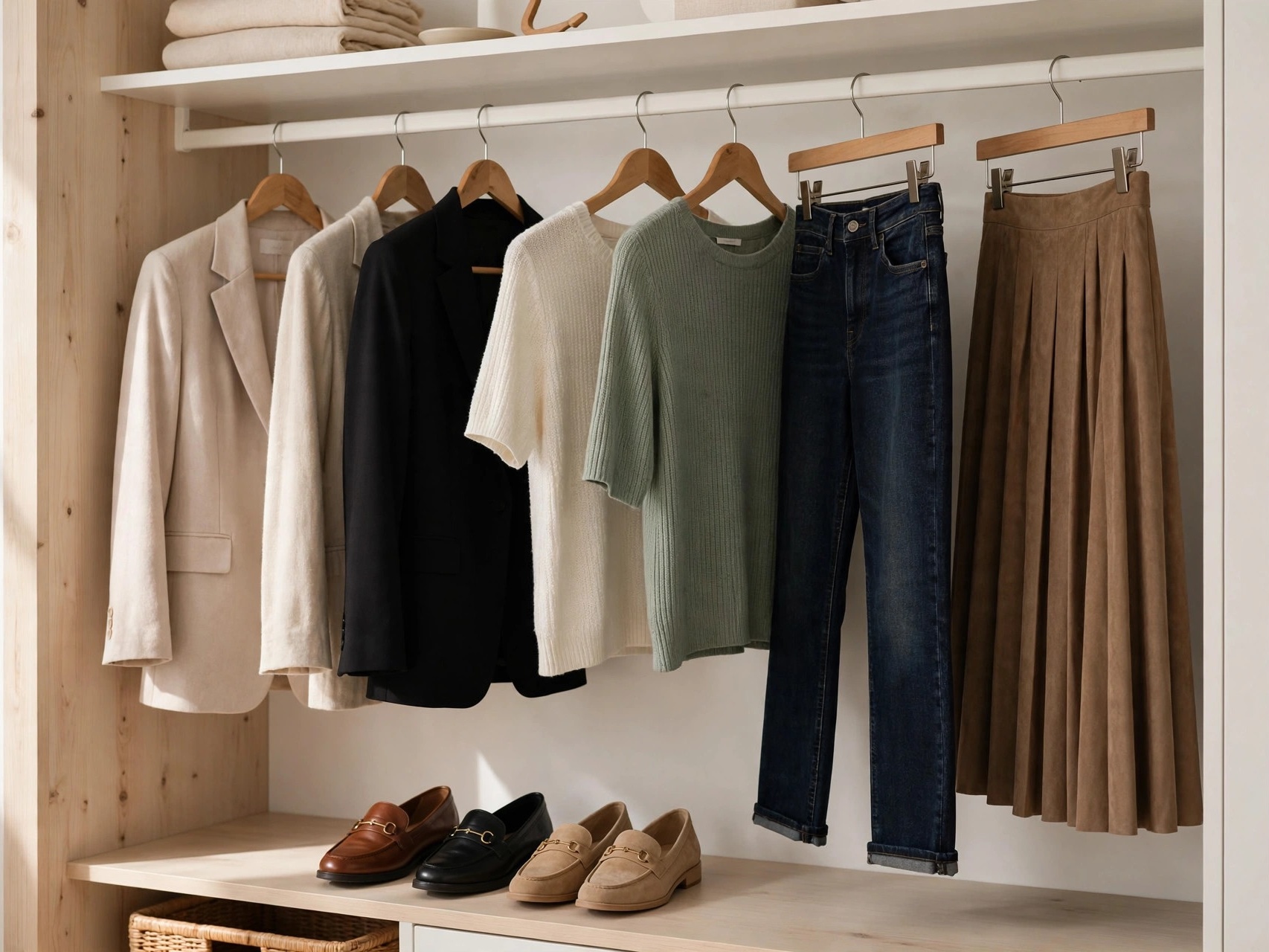Business casual wardrobe essentials for women: blazers, knit tops, dark jeans and loafers neatly arranged