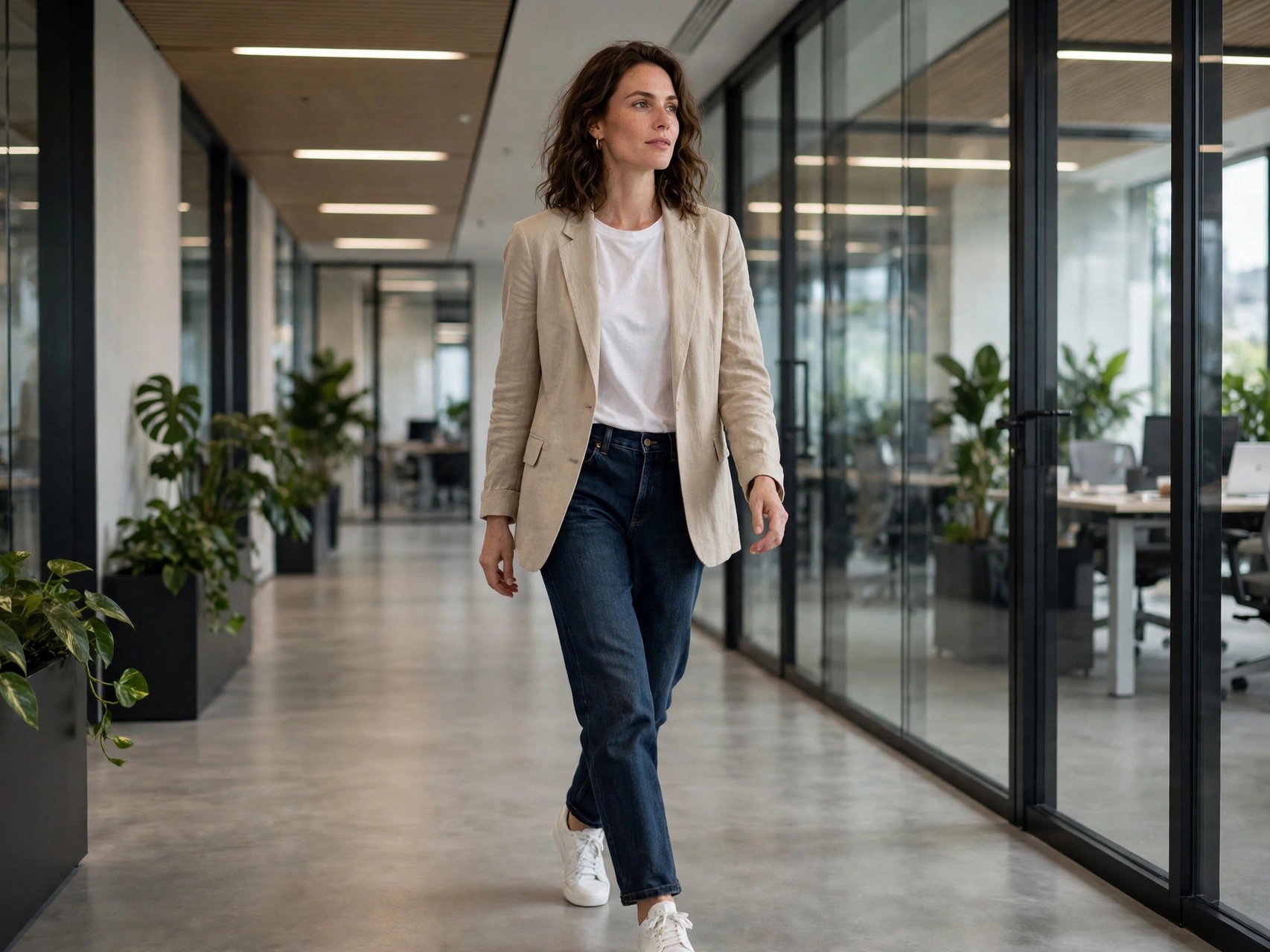 Woman in smart business casual outfit: cream blazer, striped top and dark jeans in a bright office