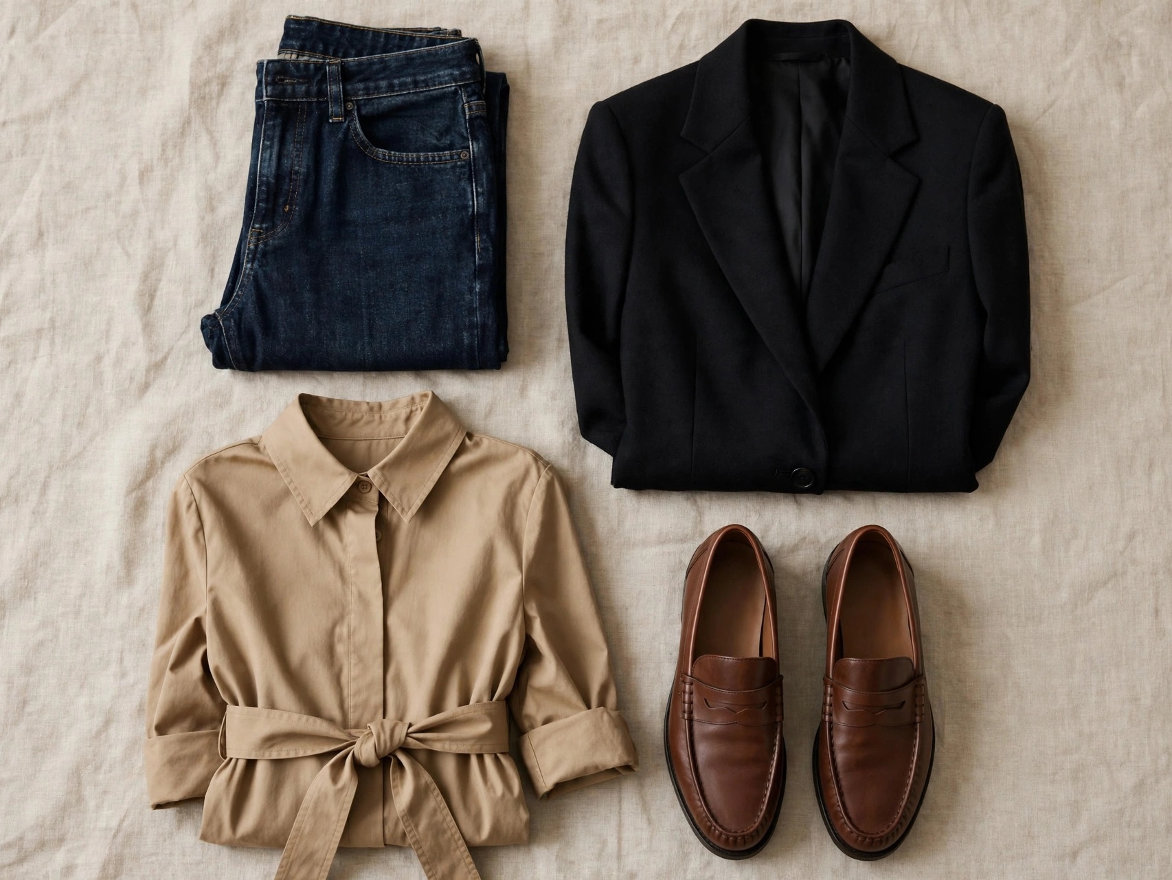 Stylish Outfit Ideas for 35 Year Old Women Everyday outfit ideas for 35-year-old women: dark jeans with a blazer and a belted shirt dress on a clothing rack