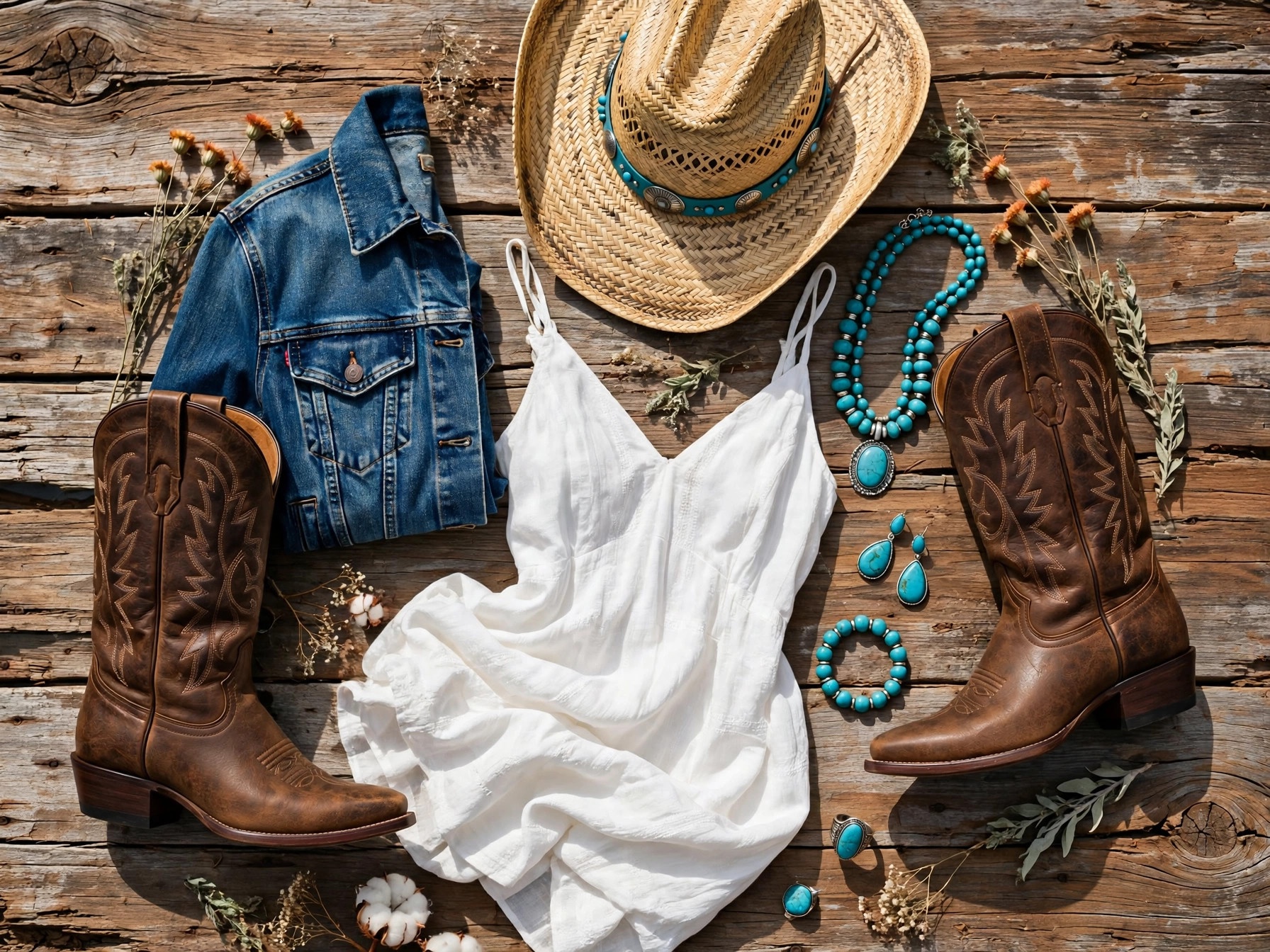 Texas vacation outfits flat lay with cowboy boots, denim jacket, sundress, straw hat and turquoise jewelry