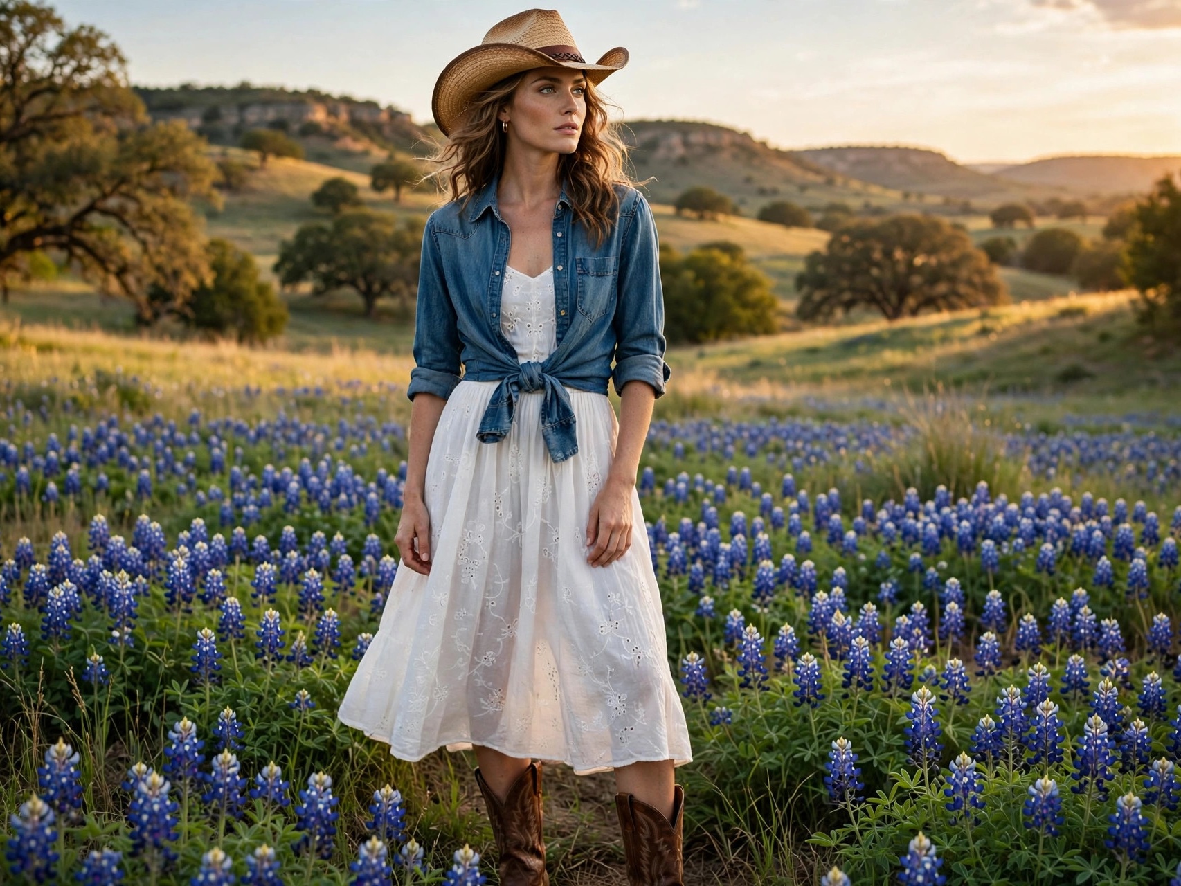 Woman in western chic texas vacation outfit with denim shirt, sundress and cowboy boots in Texas Hill Country