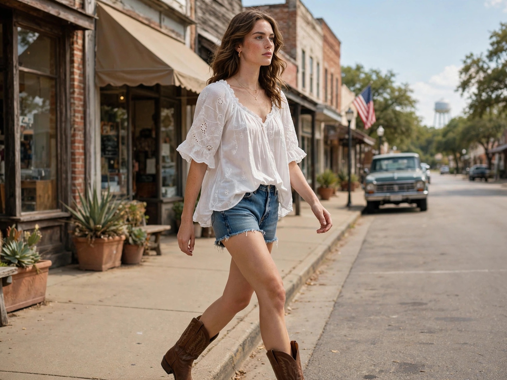 Woman wearing cowboy boots with denim shorts and white blouse, daytime texas vacation outfit on a small-town street