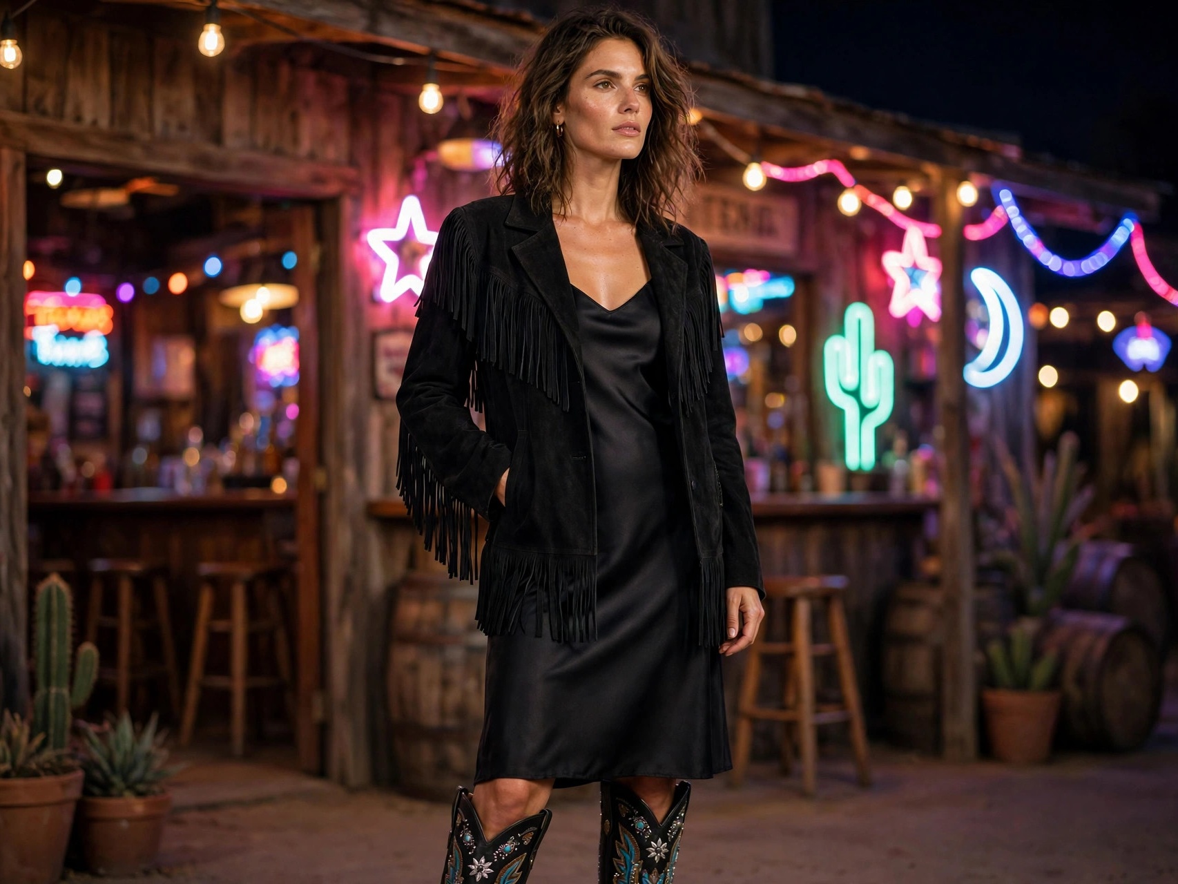 Woman in fringe suede jacket and embellished cowboy boots, evening texas vacation outfit at a honky-tonk bar