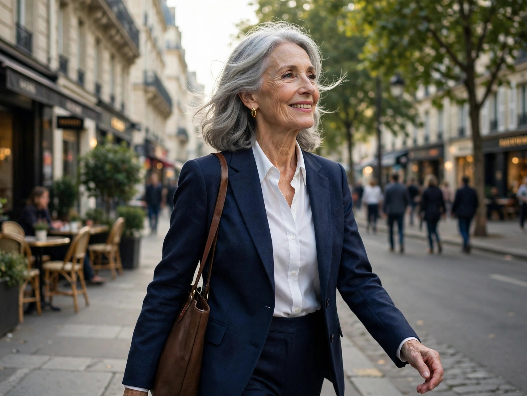 Elegant 60-year-old woman in a tailored blazer enjoying a morning in the city