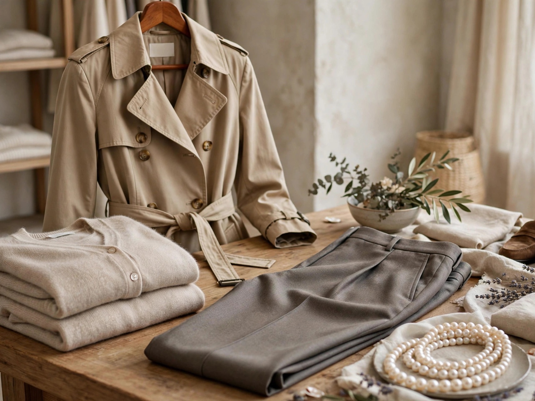 Classic wardrobe staples for women in their 60s: trench coat, knit sets, tailored trousers and pearls