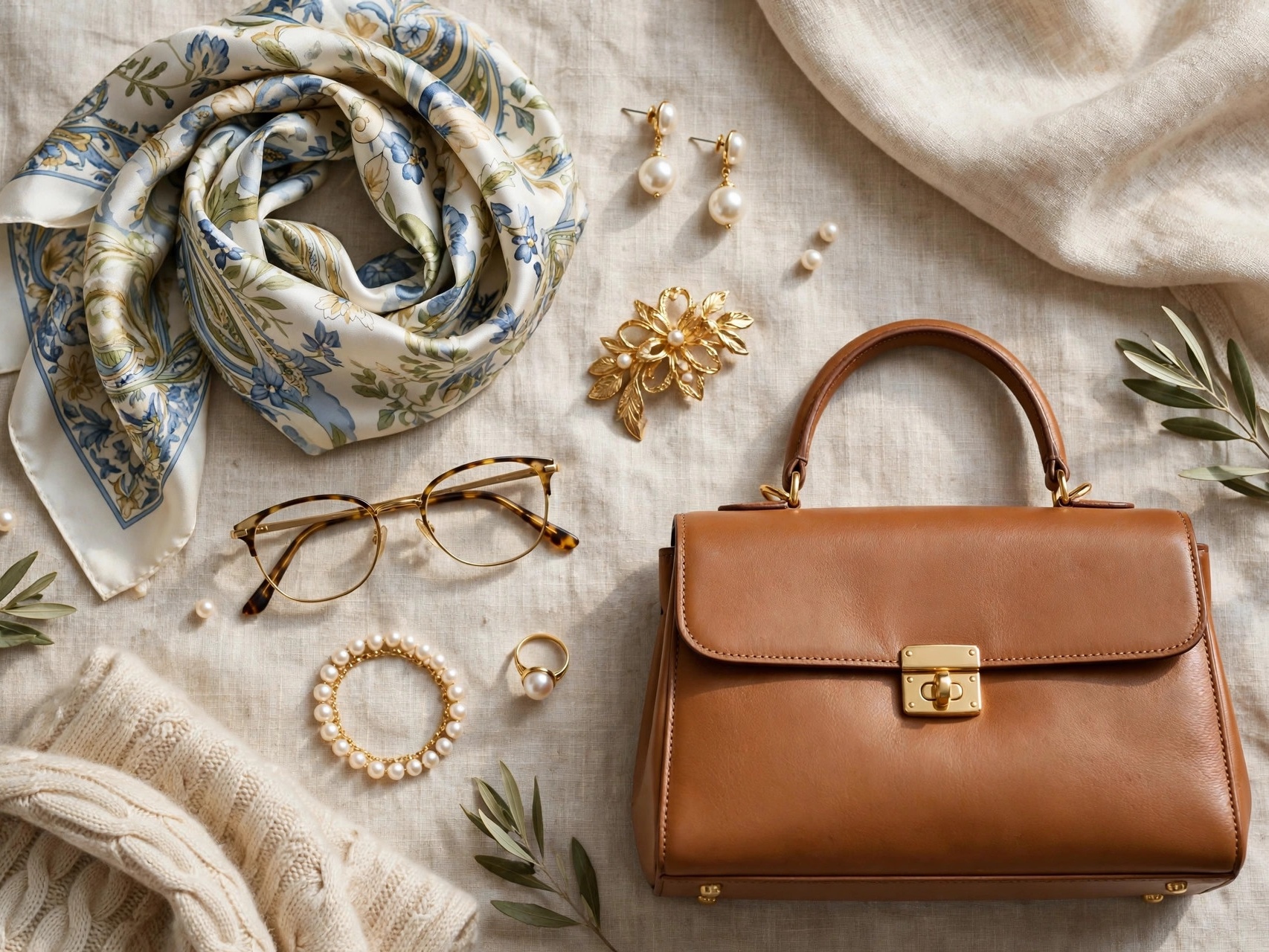 Graceful styling details for women in their 60s: silk scarf, pearl earrings and classic handbag