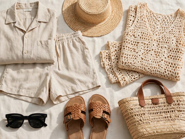 Trendy vacation outfit ideas 2026 flat-lay with linen co-ord set, crochet dress and beach accessories