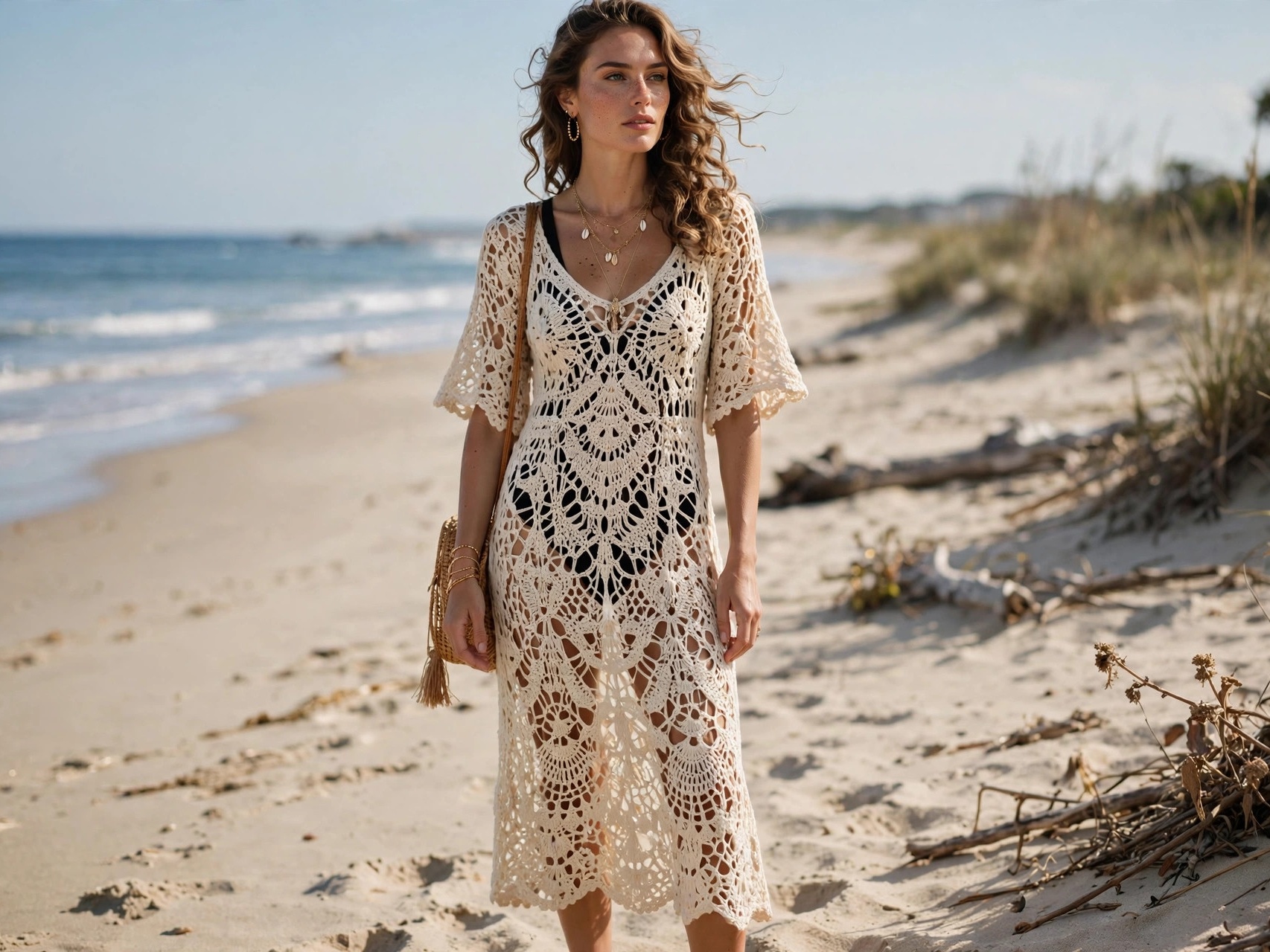 Woman in a cream crochet midi beach dress over a swimsuit on a sandy beach — trendy vacation outfit idea 2026