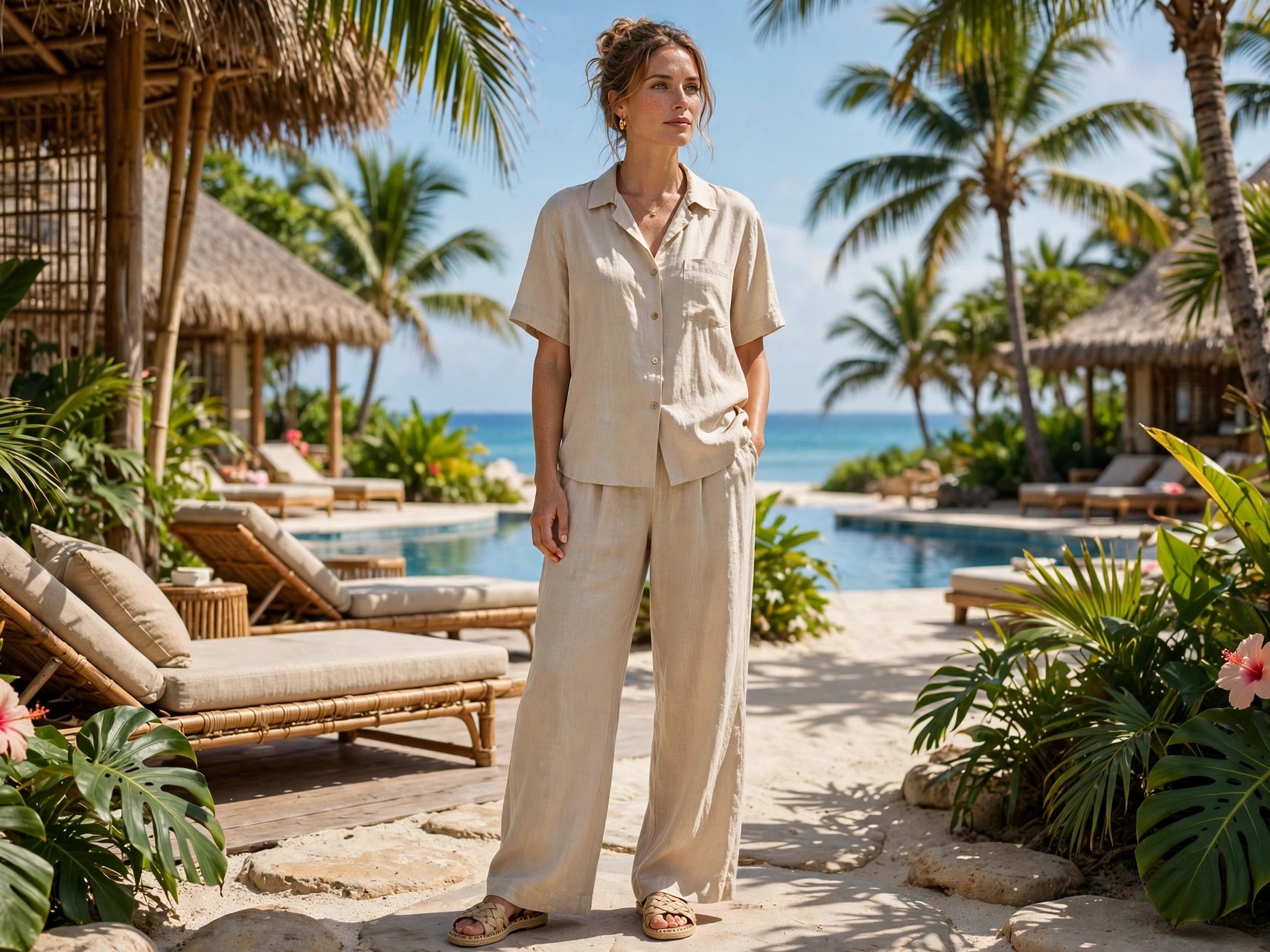 Woman wearing a beige linen co-ord set with matching shirt and wide-leg trousers at a tropical resort — trendy vacation outfit idea 2026