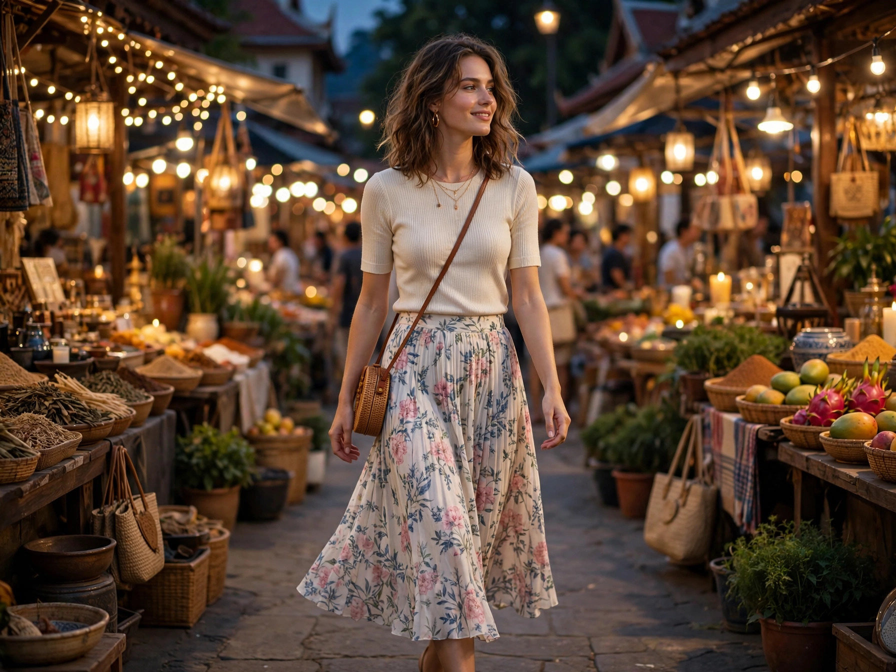 Woman in a flowy floral midi skirt with a fitted knit top strolling through a night market — trendy vacation outfit idea 2026