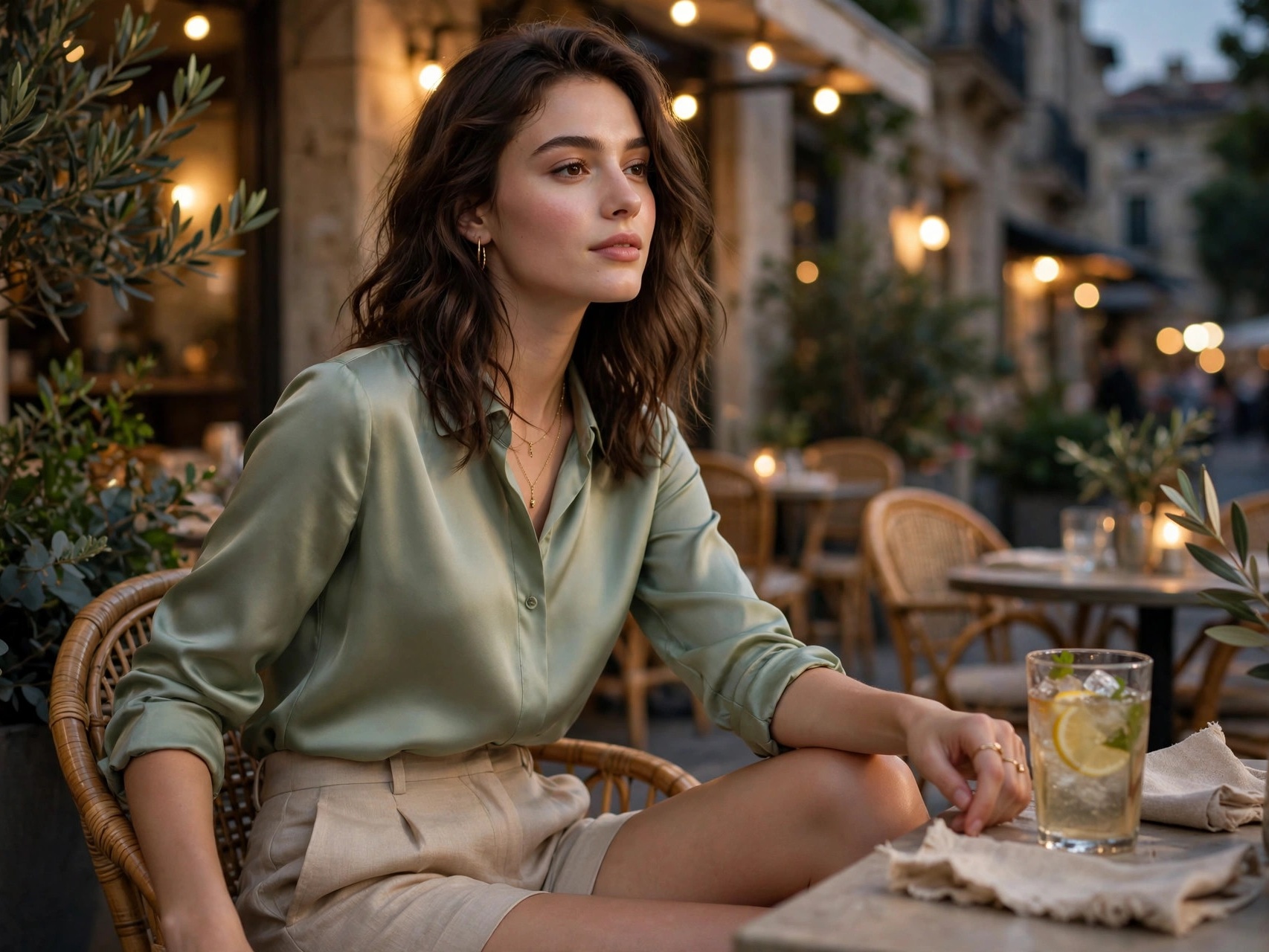 Woman in tailored linen shorts with a tucked-in silk blouse at an outdoor cafe in the evening, polished 2026 vacation outfit