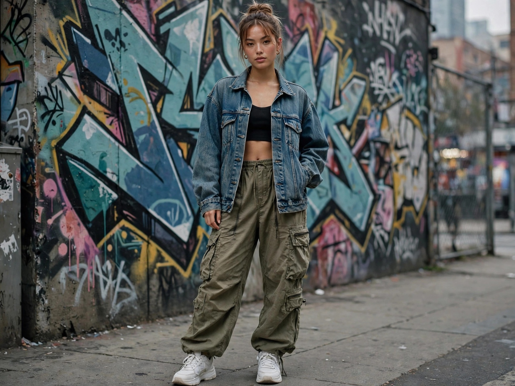 Urban fashion outfits: woman in edgy street style look on a city street