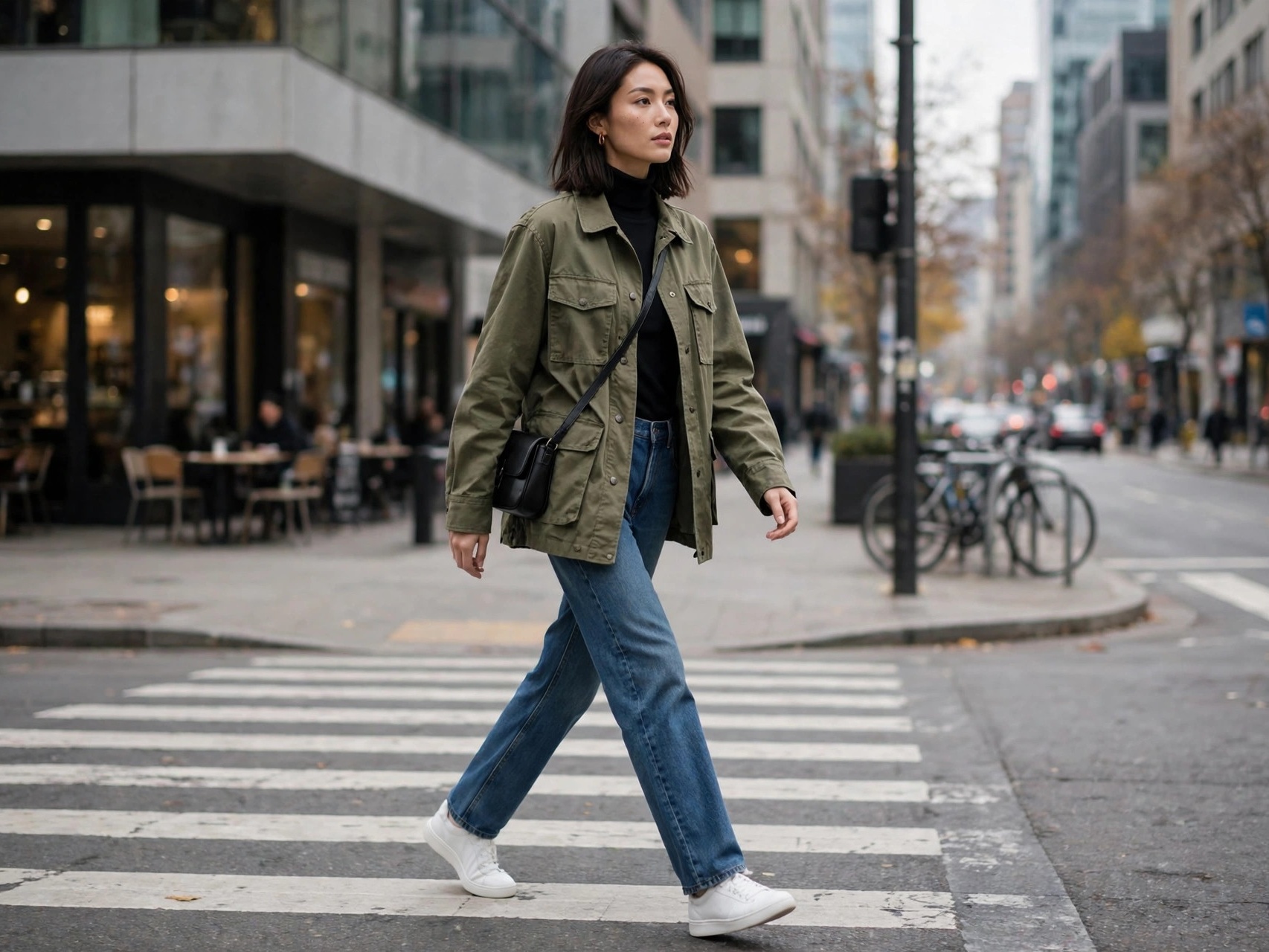 Woman in urban fashion outfit with sneakers and layered jacket walking downtown