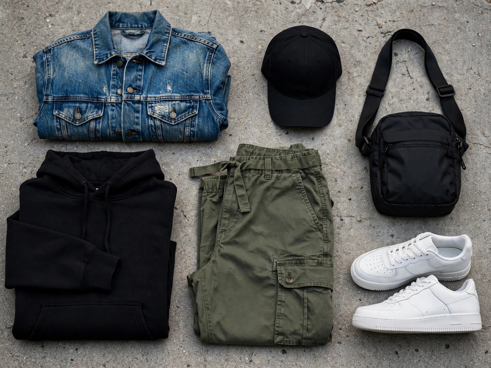 Urban fashion wardrobe staples: denim jacket, cargo pants, sneakers and hoodie