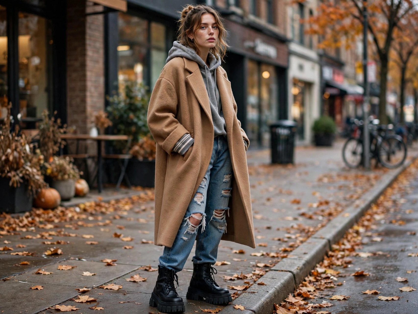 Layered urban fashion look: oversized jacket over hoodie on a city sidewalk
