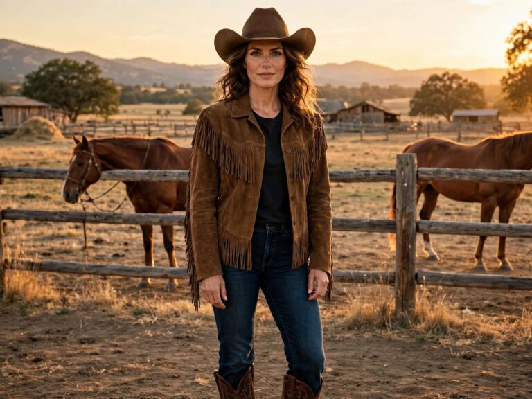 Western fashion for women: cowgirl outfit with denim, cowboy boots and fringe jacket at a ranch