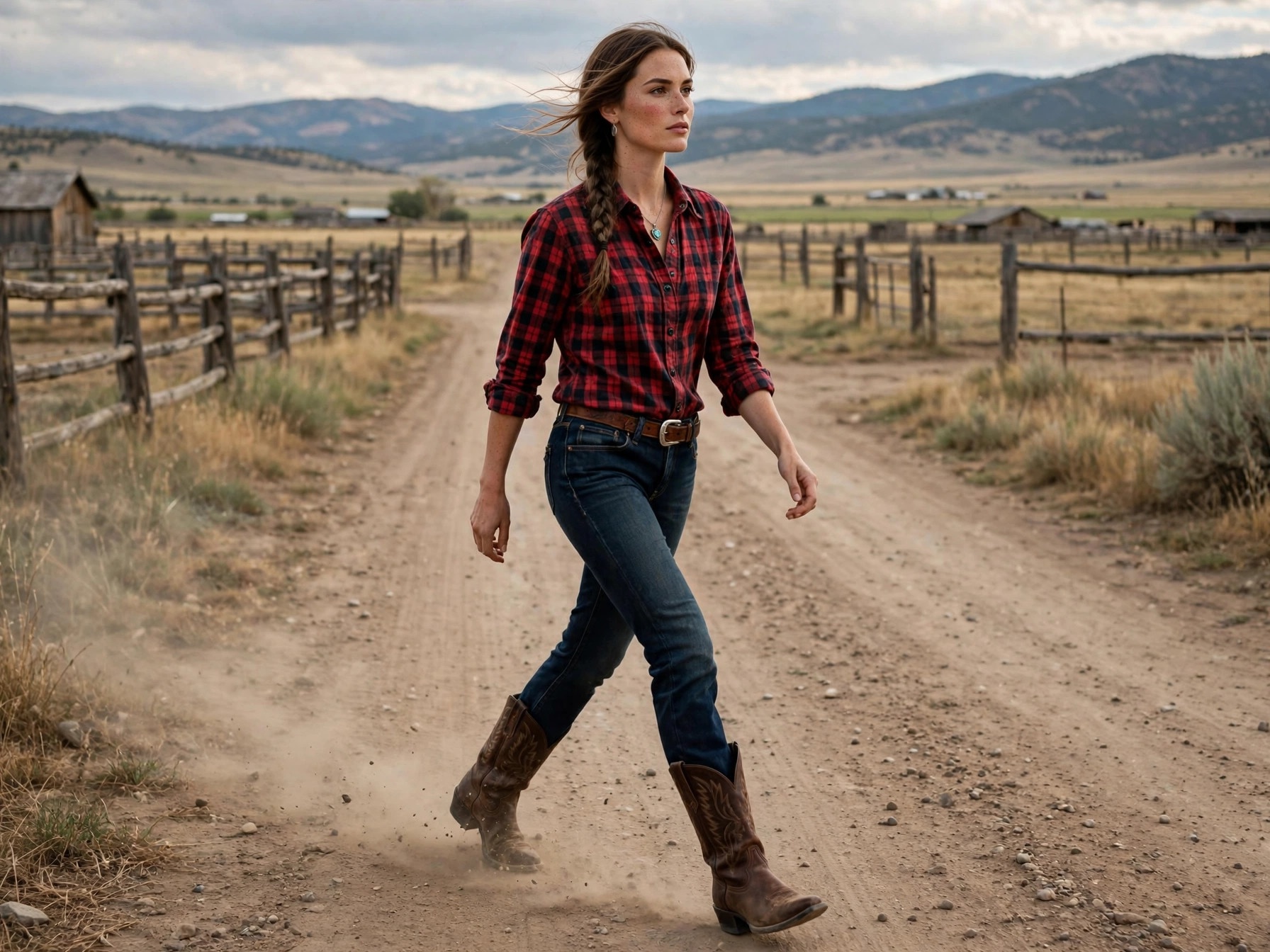 Woman in western fashion outfit with denim jeans and brown cowboy boots