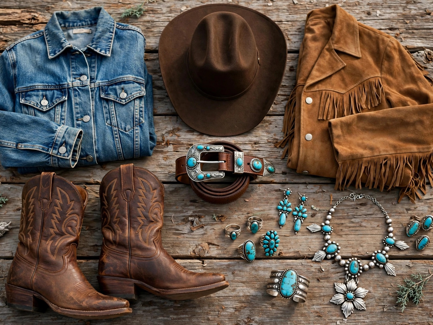 Western fashion wardrobe essentials: cowboy boots, denim jacket, fringe jacket and cowboy hat