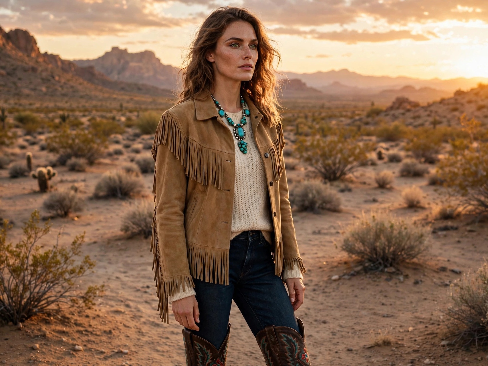 Ranch-chic styling: woman in fringe suede jacket and cowboy boots at sunset