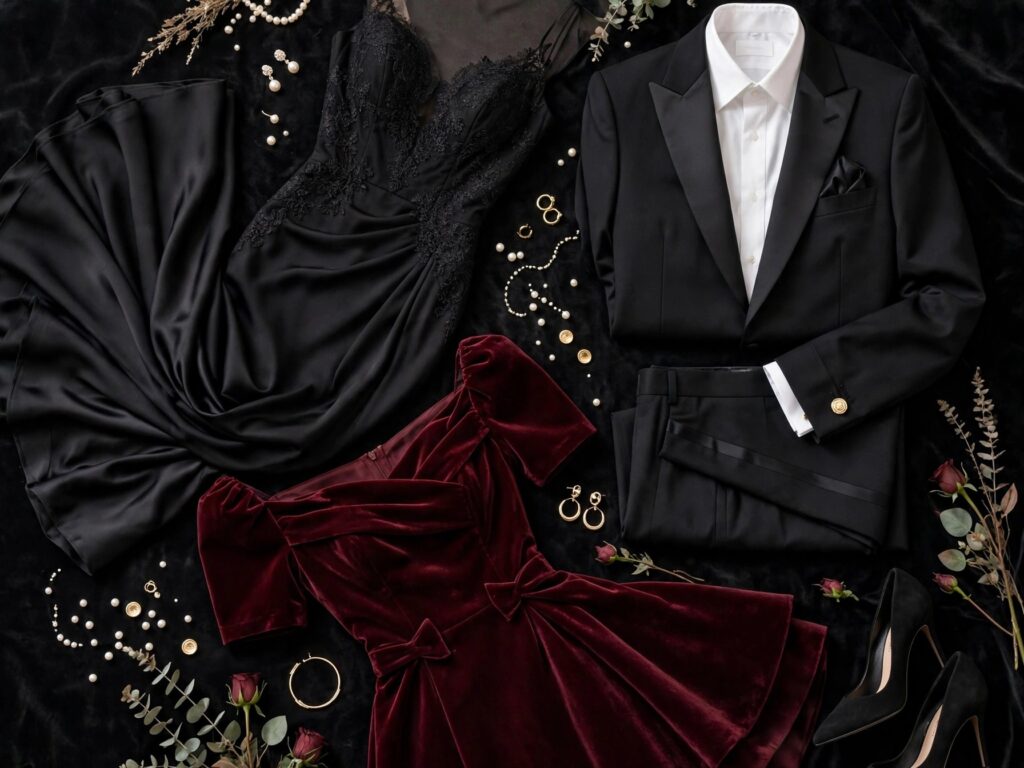 Women's formal fashion guide collage — evening gown, tailored suit and cocktail dress