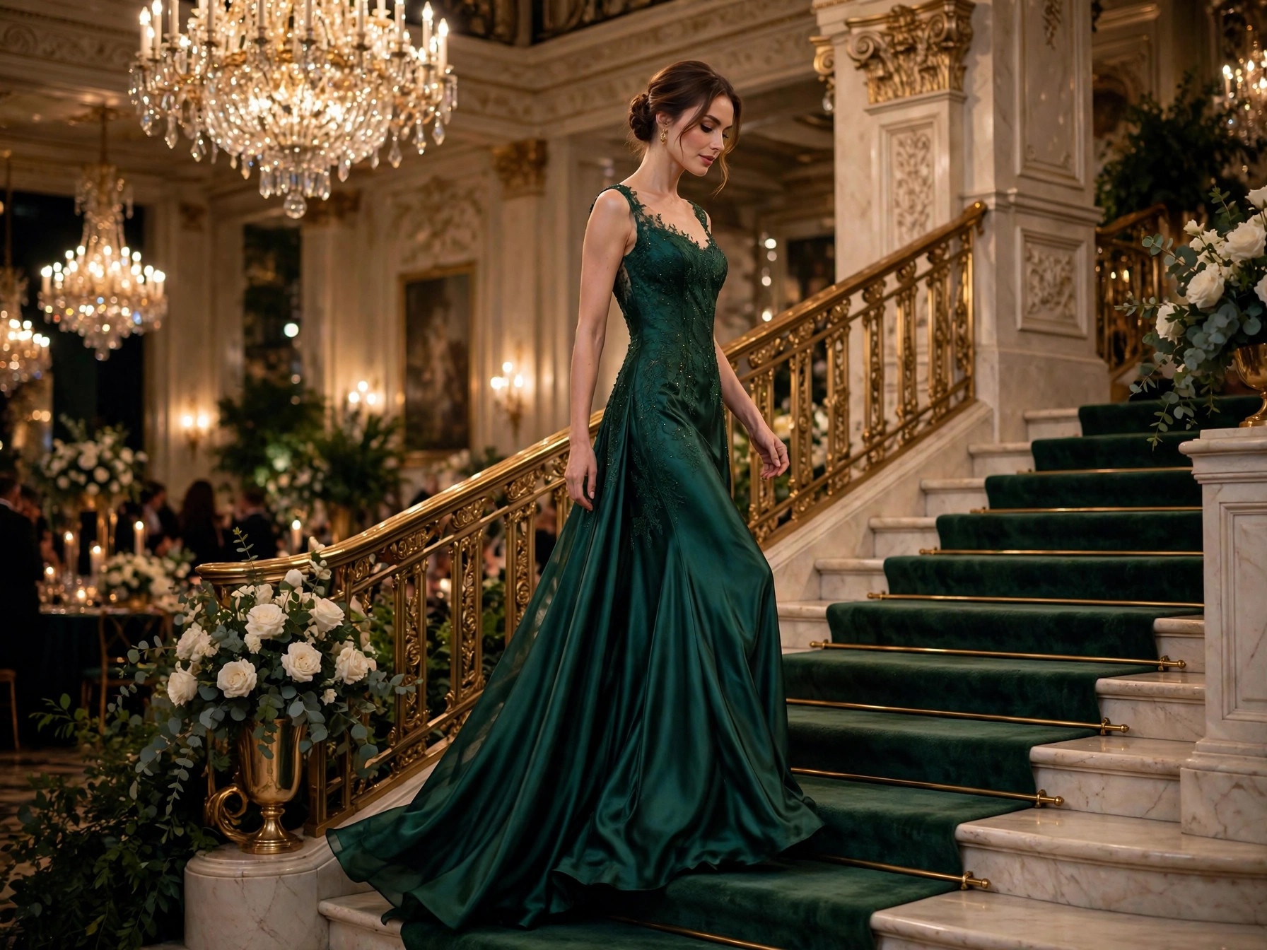 Woman in an elegant floor-length evening gown at a gala event