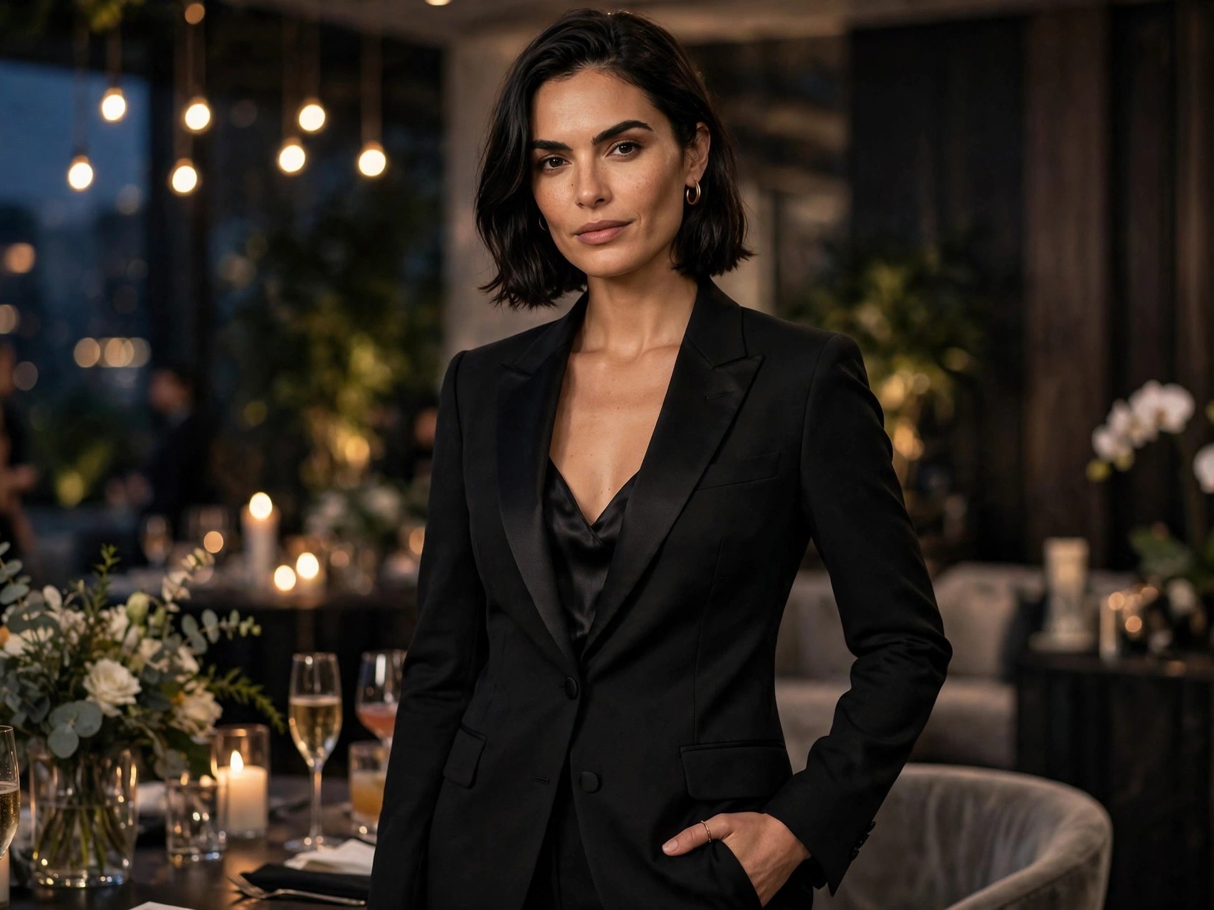 Woman in a tailored black formal suit with silk camisole at an evening event