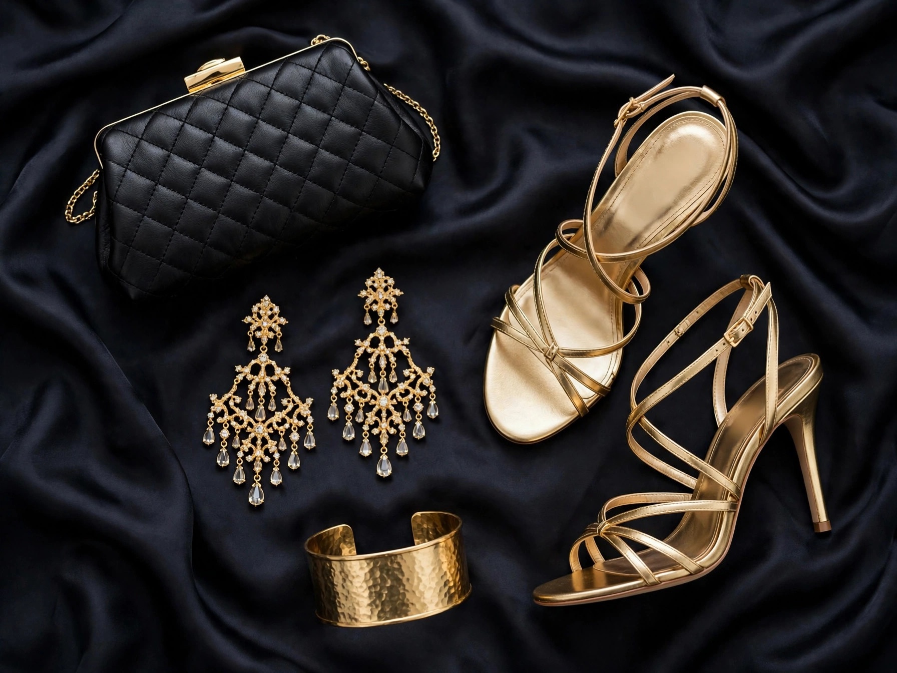 Close-up of elegant formal styling details — clutch, heels and gold jewelry