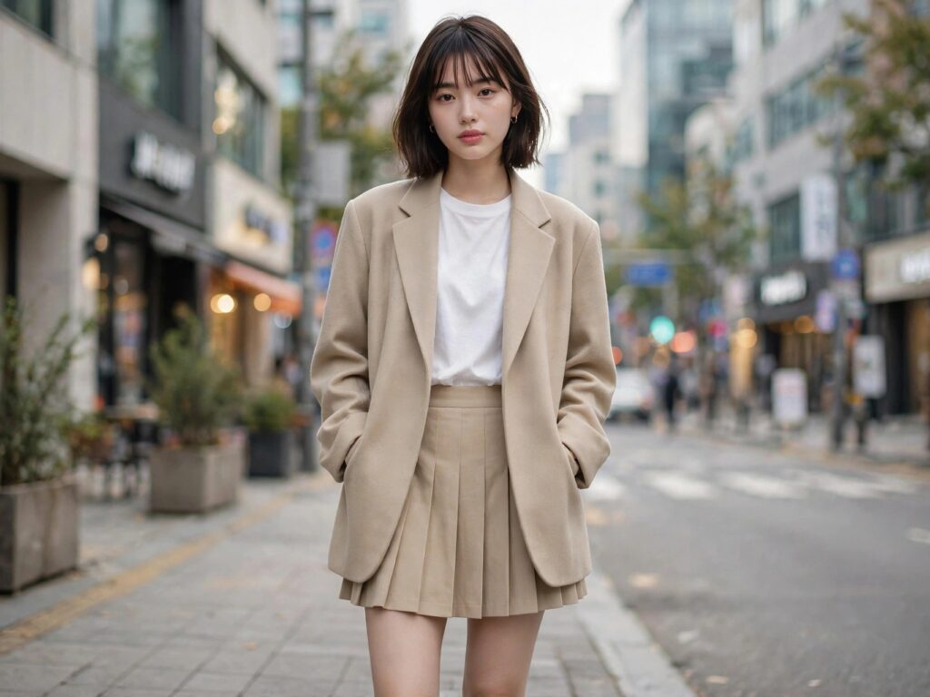 Young woman in trendy Korean street style outfit in Seoul — women's Korean fashion style guide