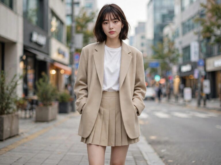 Young woman in trendy Korean street style outfit in Seoul — women's Korean fashion style guide