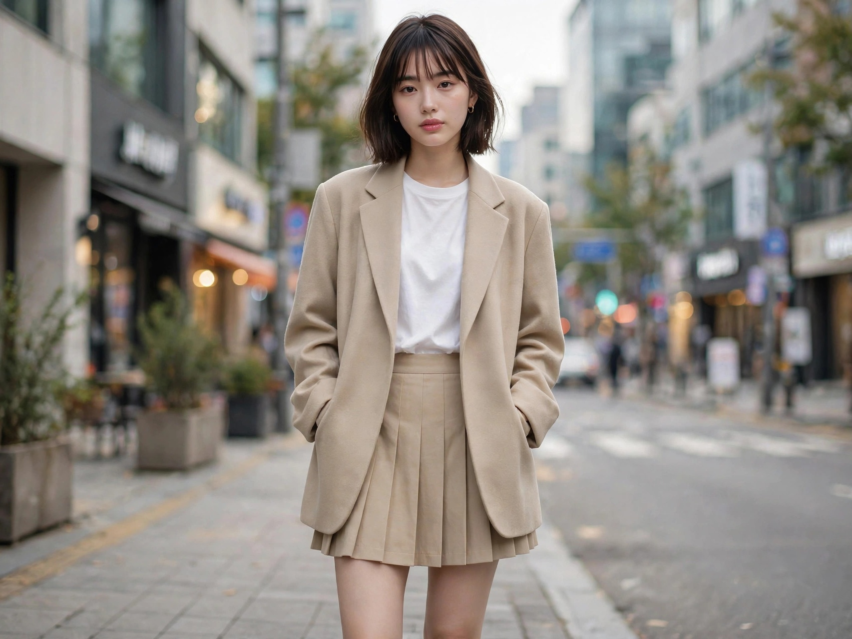 Young woman in trendy Korean street style outfit in Seoul — women's Korean fashion style guide