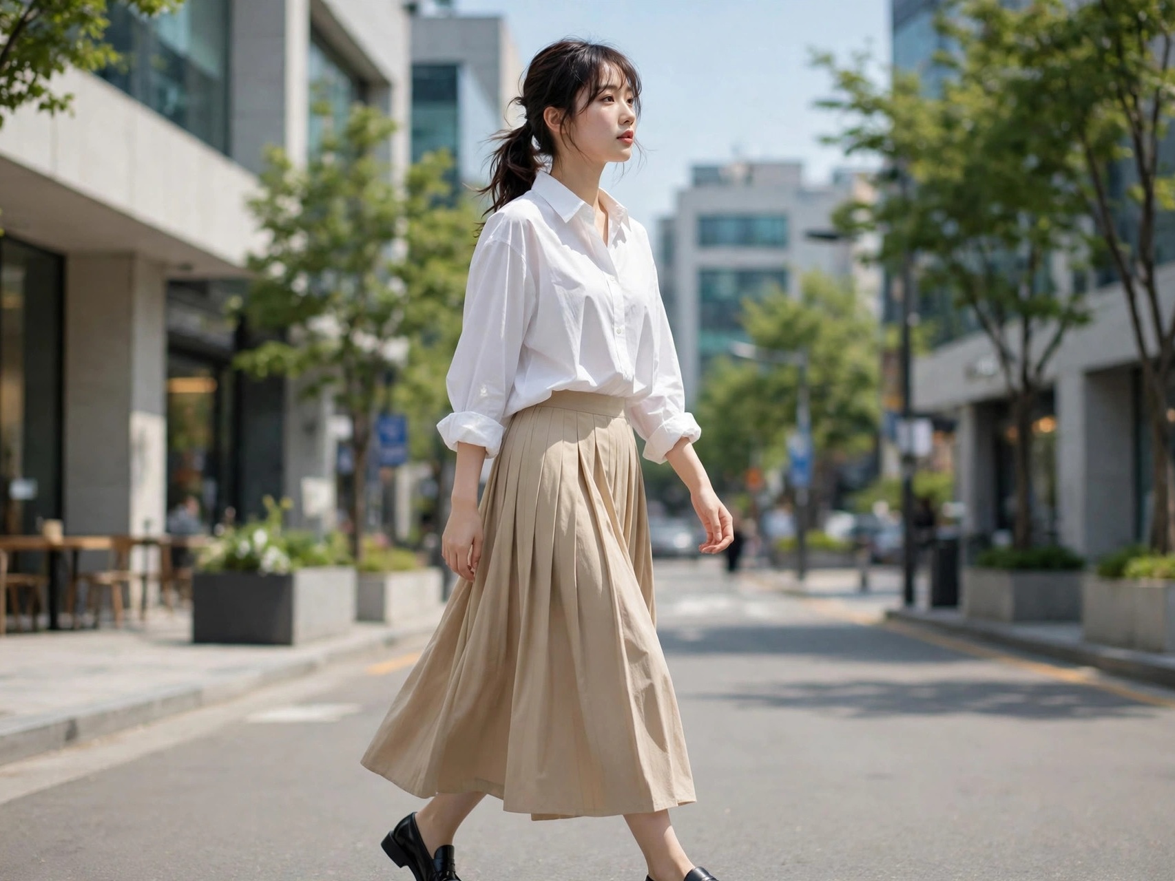 Woman wearing a Korean-inspired oversized blazer and pleated skirt on a Seoul street