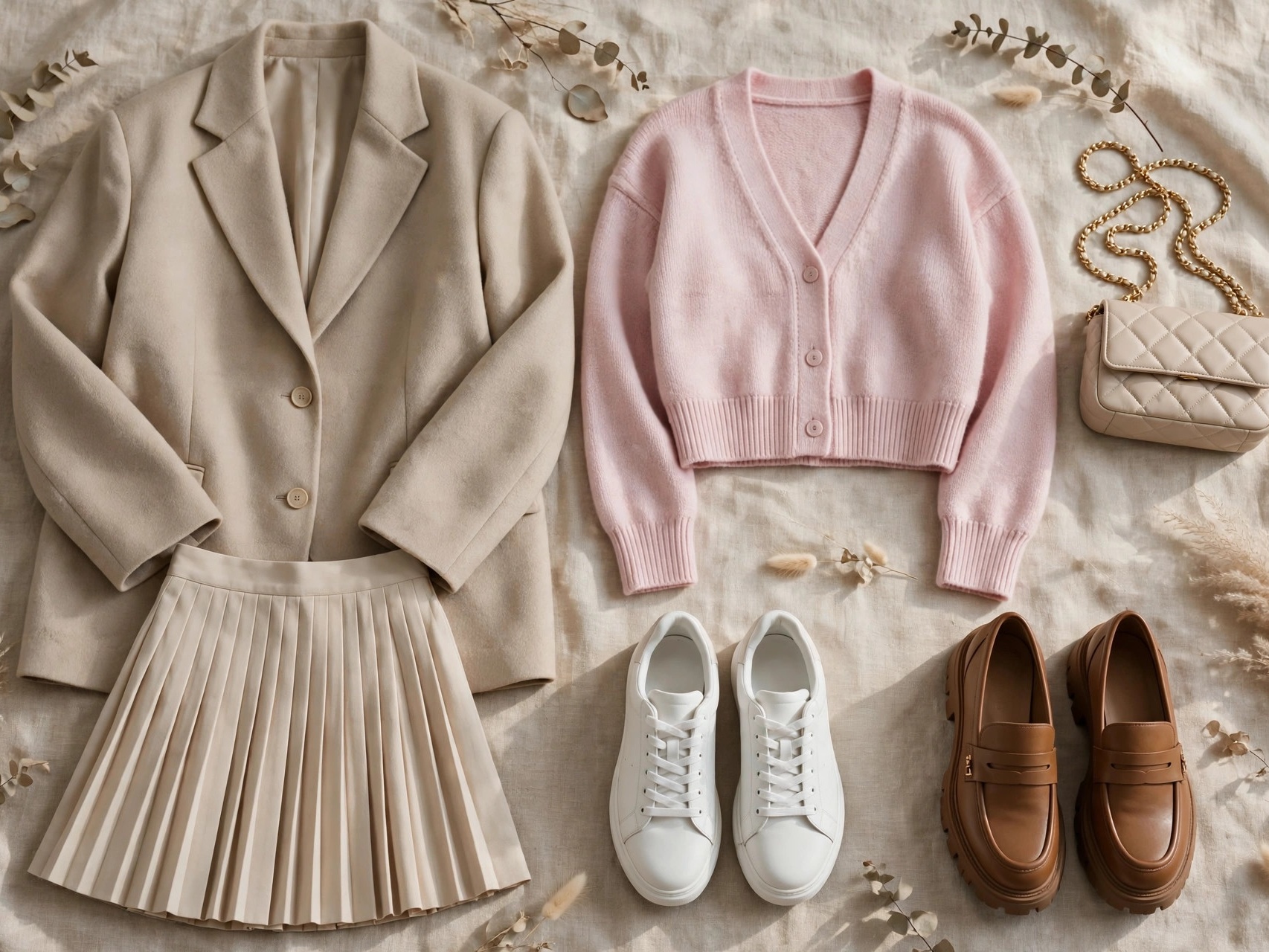Essential Korean fashion pieces for women: oversized blazer, pleated skirt, cardigan and loafers flat-lay