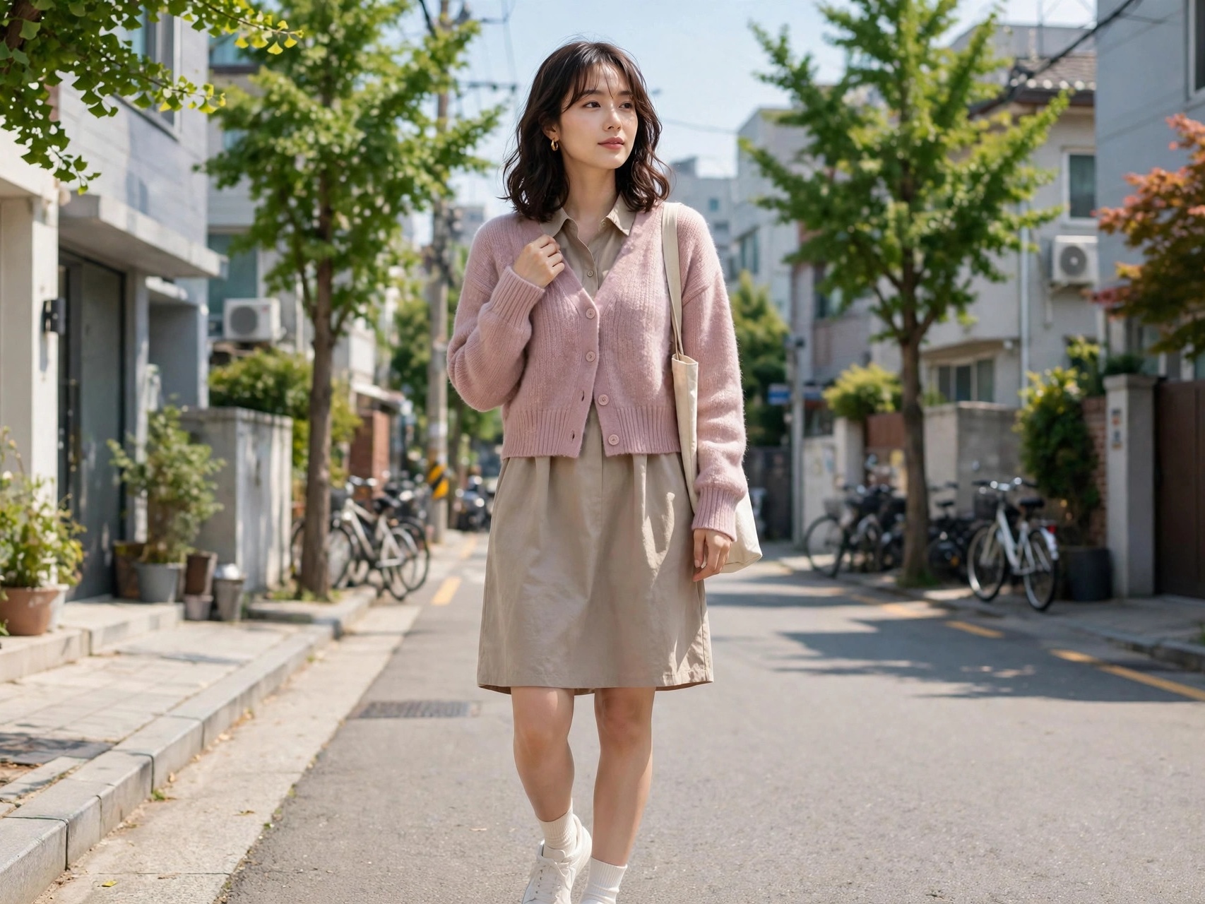 Woman styling a Korean outfit for everyday wear: cardigan, pleated skirt and sneakers in Seoul