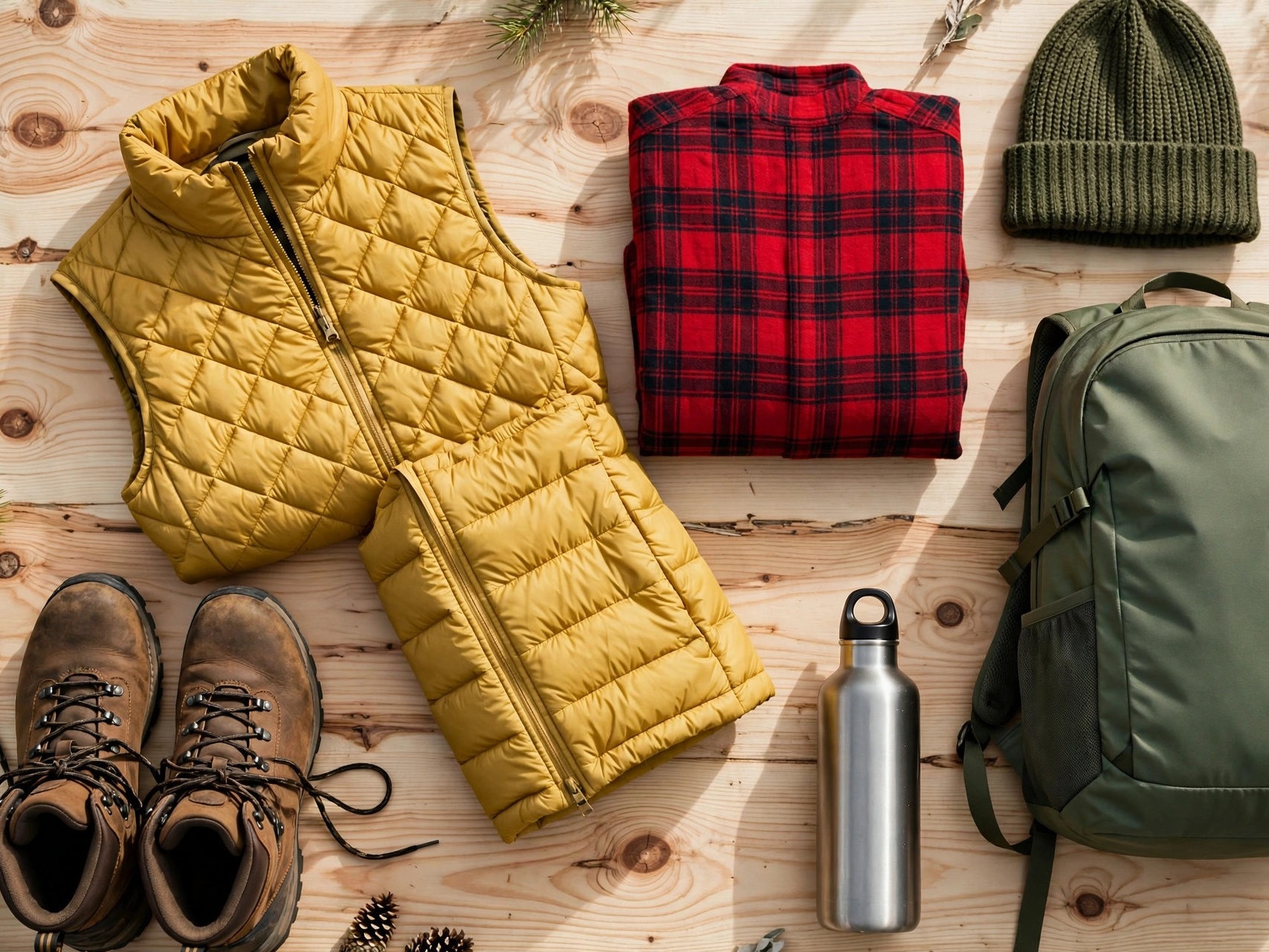 Yellowstone vacation outfits flat lay with hiking boots, puffer vest, flannel shirt, beanie and daypack