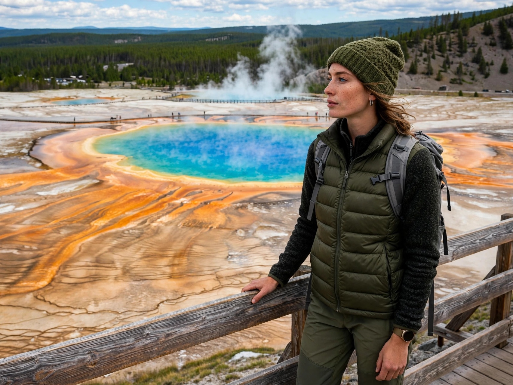 Woman in hiking outfit with puffer vest at Grand Prismatic Spring, yellowstone vacation outfit idea
