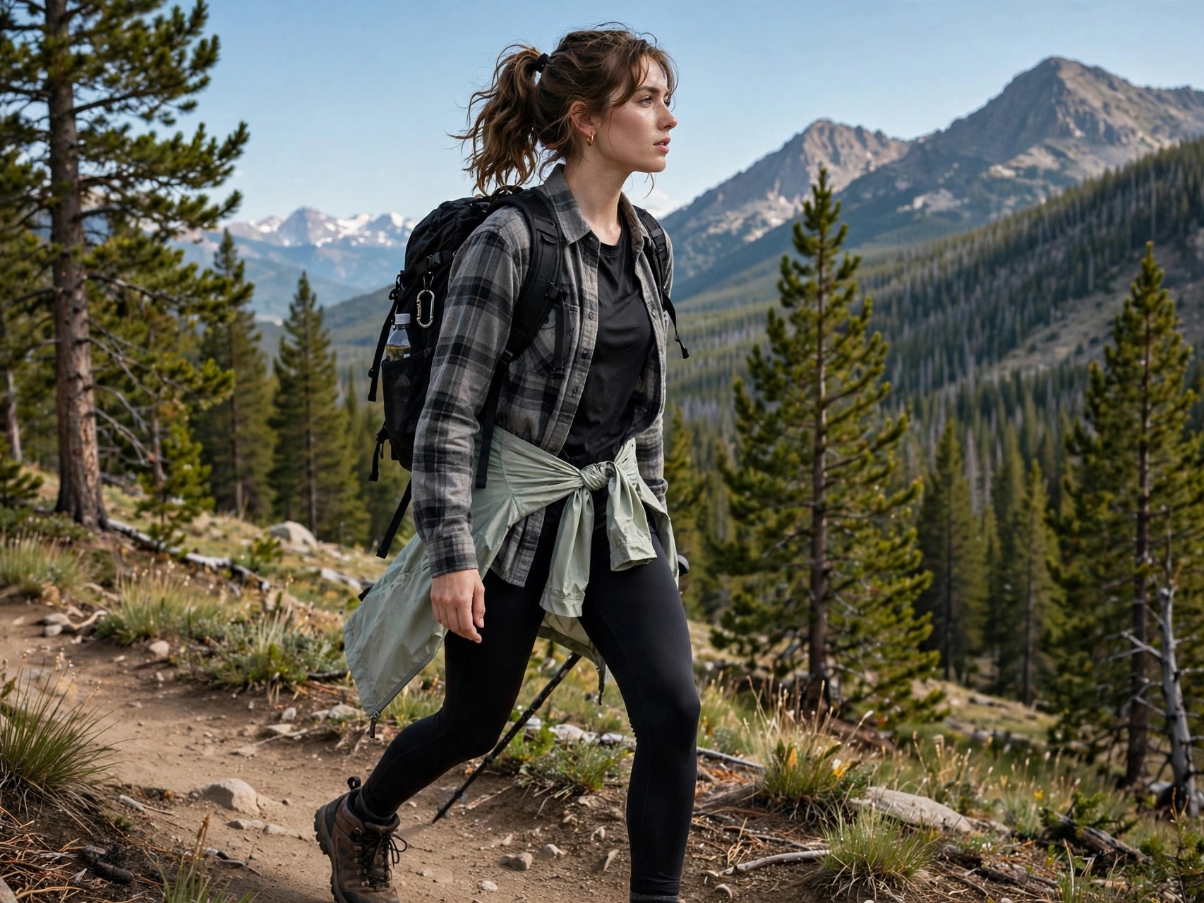 Woman hiking a Yellowstone trail in layered outdoor outfit with flannel shirt and backpack