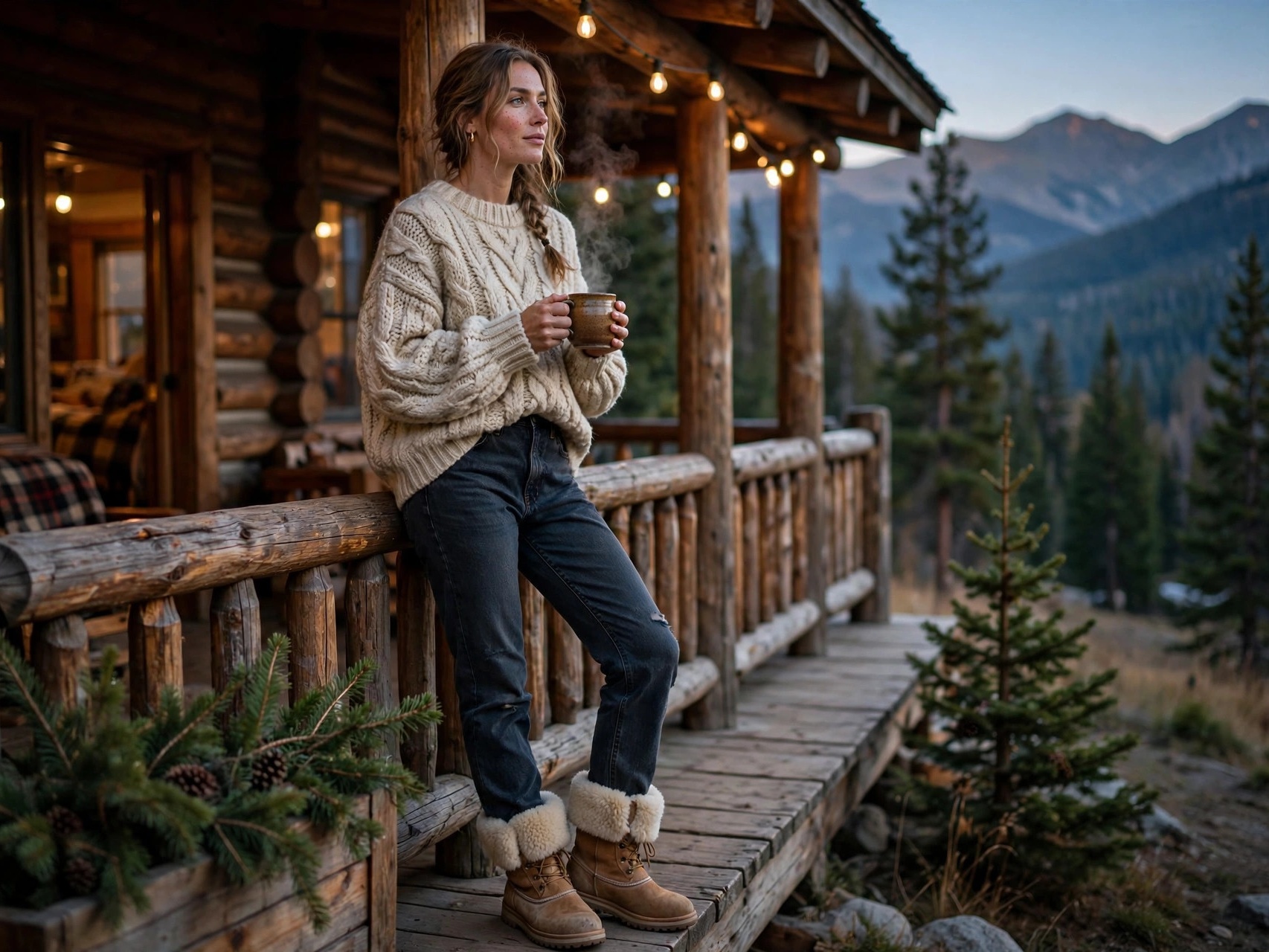 Woman in cozy knit sweater and boots on a lodge porch at dusk, yellowstone vacation evening outfit